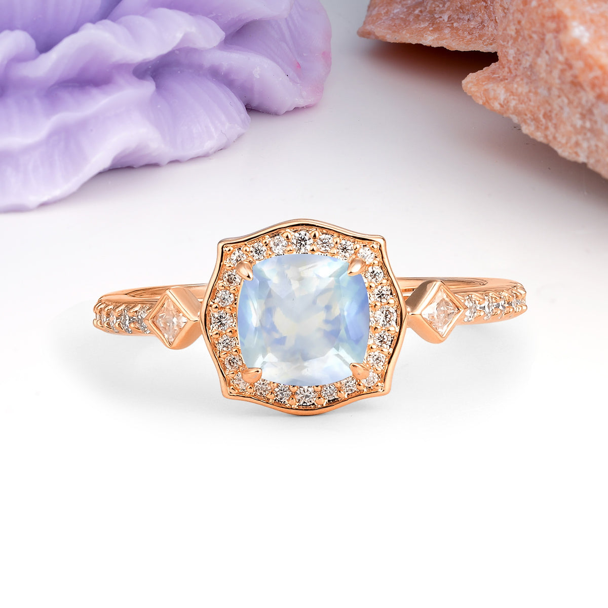 Vintage-Style, Multi-Row Diamond, Luxurious 4-Prong Princess Cut Moonstone Engagement Ring - Additional view