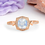 Vintage-Style, Multi-Row Diamond, Luxurious 4-Prong Princess Cut Moonstone Engagement Ring - Additional view