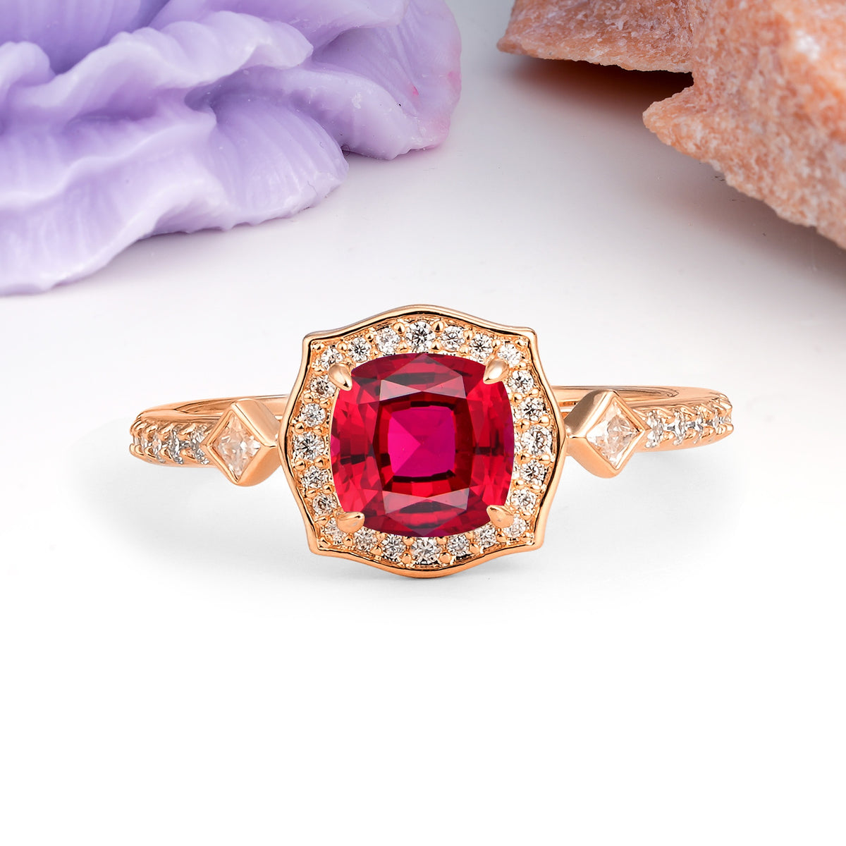 Vintage-Style, Multi-Row Diamond, Luxurious 4-Prong Princess Cut Ruby Engagement Ring - Additional view