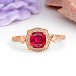 Vintage-Style, Multi-Row Diamond, Luxurious 4-Prong Princess Cut Ruby Engagement Ring - Additional view