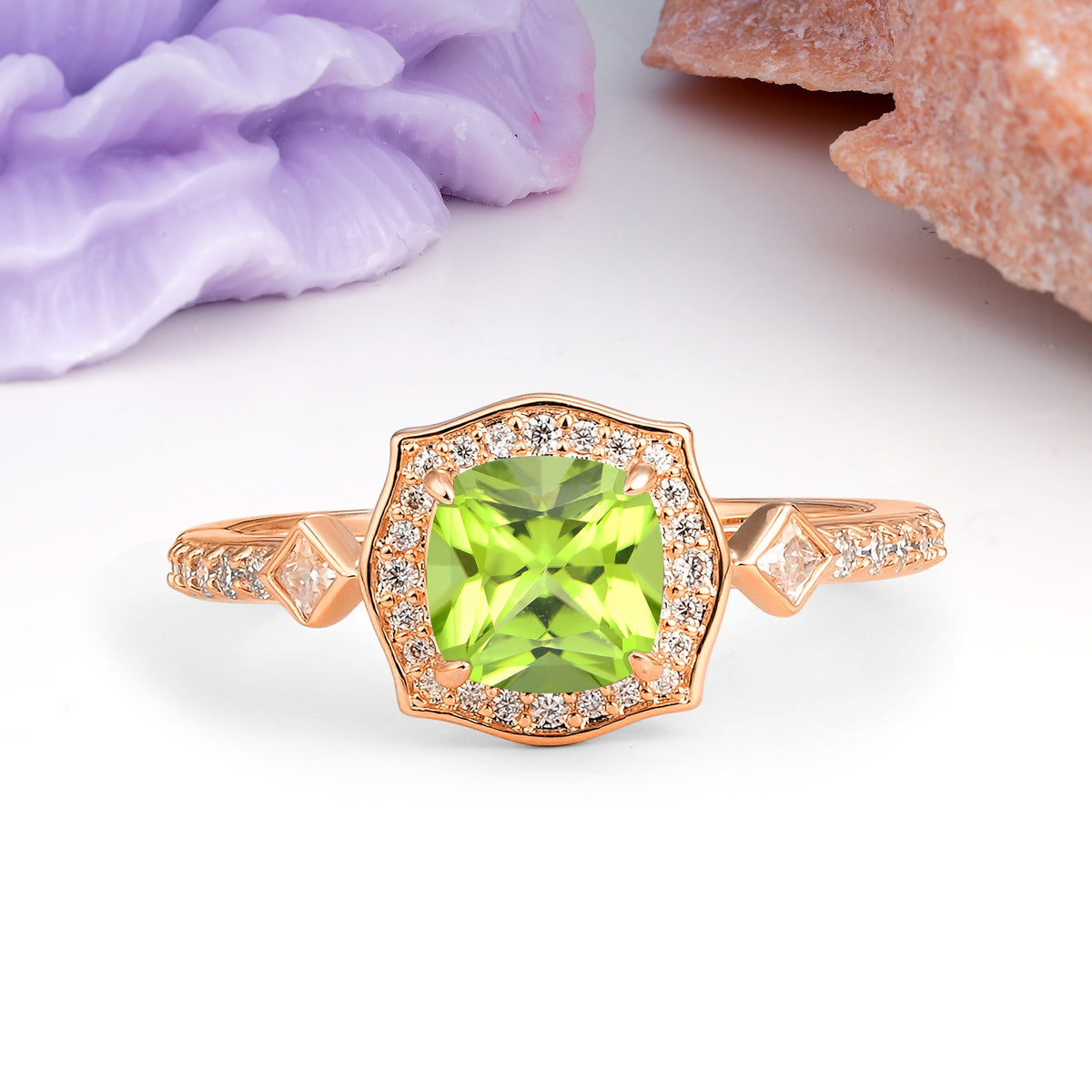Vintage-Style, Multi-Row Diamond, Luxurious 4-Prong Princess Cut Peridot Engagement Ring - Additional view