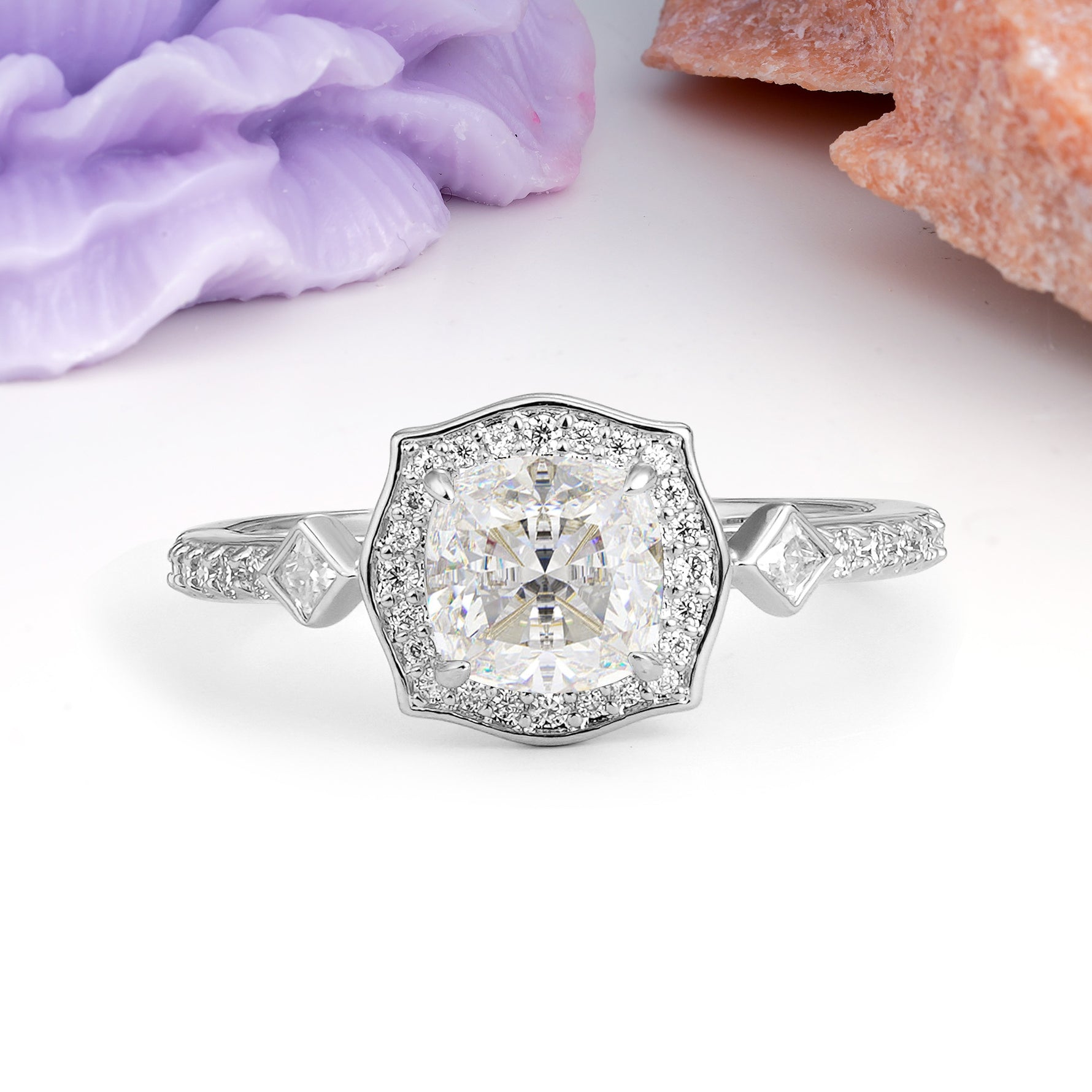 Vintage-Style, Multi-Row Diamond, Luxurious 4-Prong Princess Cut Moissanite Engagement Ring - Additional view