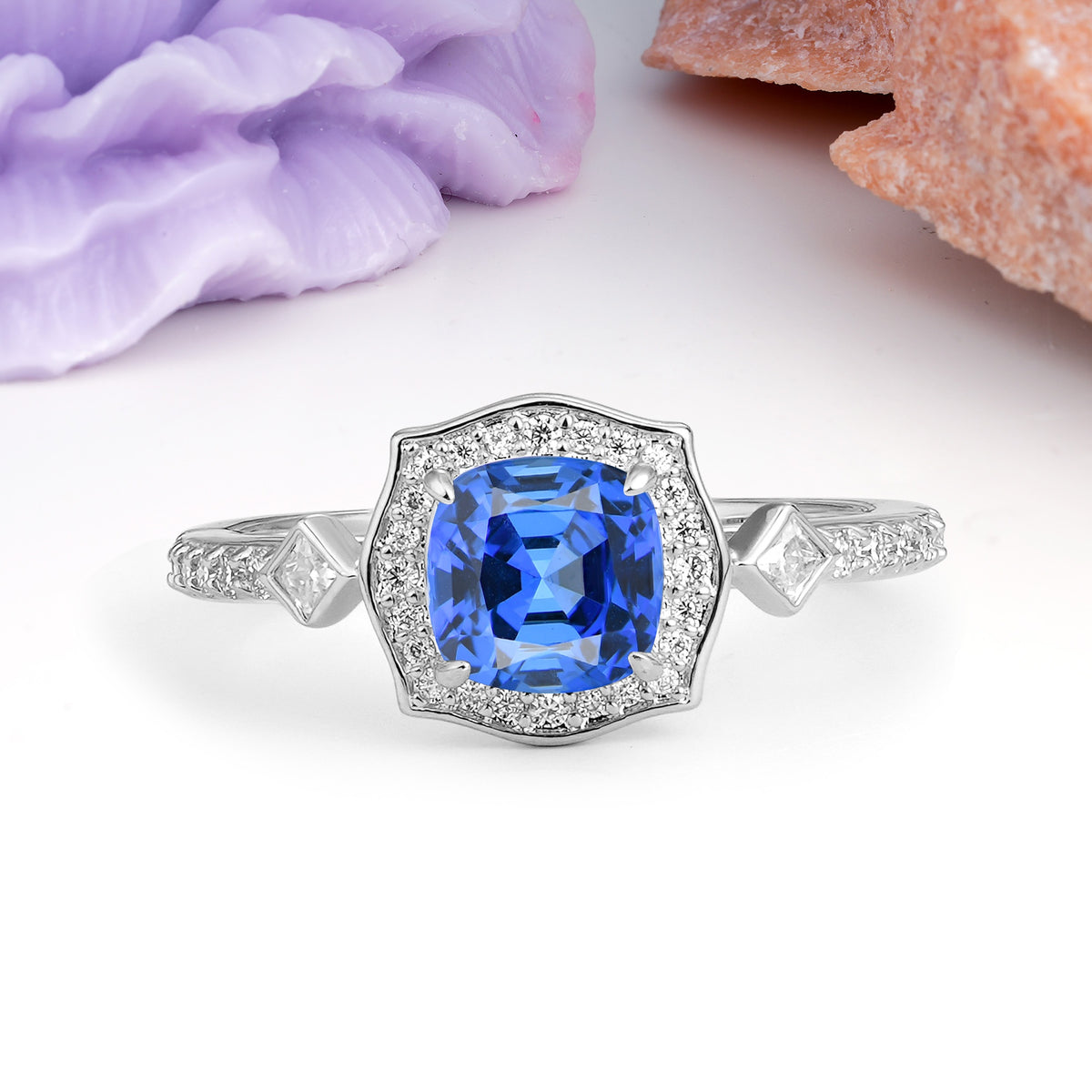 Vintage-Style, Multi-Row Diamond, Luxurious 4-Prong Princess Cut Sapphire Engagement Ring - Additional view