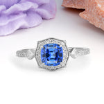 Vintage-Style, Multi-Row Diamond, Luxurious 4-Prong Princess Cut Sapphire Engagement Ring - Additional view