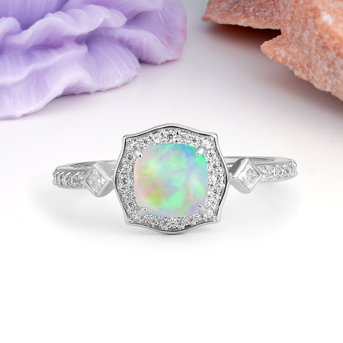 Vintage-Style, Multi-Row Diamond, Luxurious 4-Prong Princess Cut Fire Opal Engagement Ring - Additional view