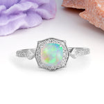 Vintage-Style, Multi-Row Diamond, Luxurious 4-Prong Princess Cut Fire Opal Engagement Ring - Additional view