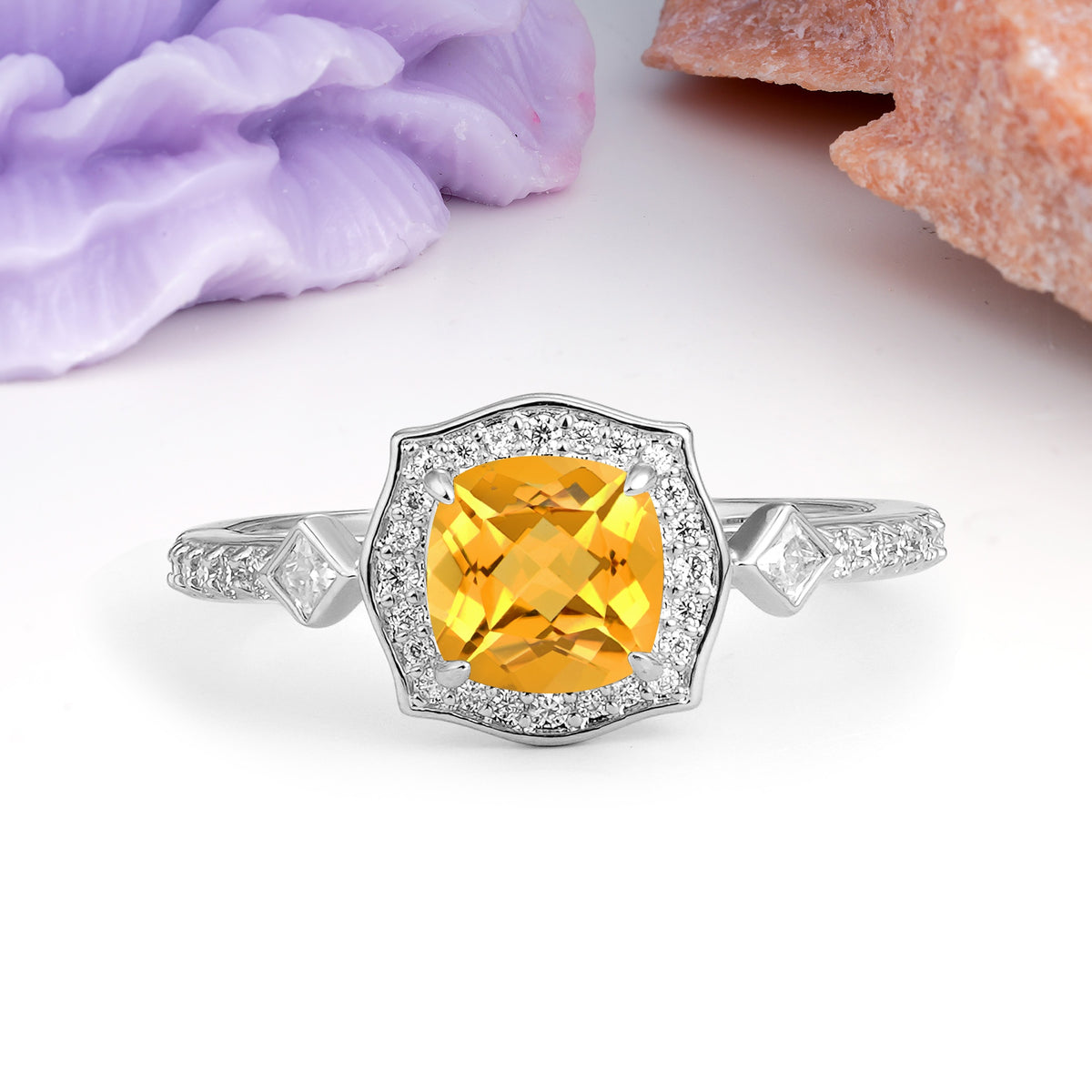 Vintage-Style, Multi-Row Diamond, Luxurious 4-Prong Princess Cut Citrine Engagement Ring - Additional view