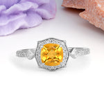 Vintage-Style, Multi-Row Diamond, Luxurious 4-Prong Princess Cut Citrine Engagement Ring - Additional view