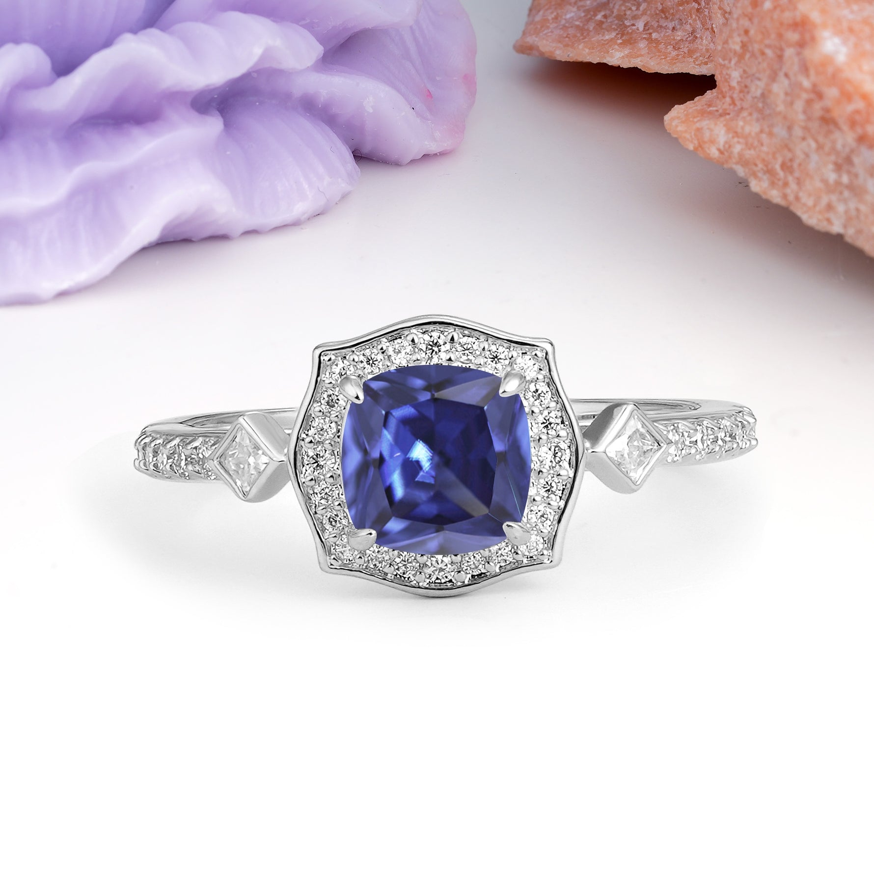 Vintage-Style, Multi-Row Diamond, Luxurious 4-Prong Princess Cut Tanzanite Engagement Ring - Additional view