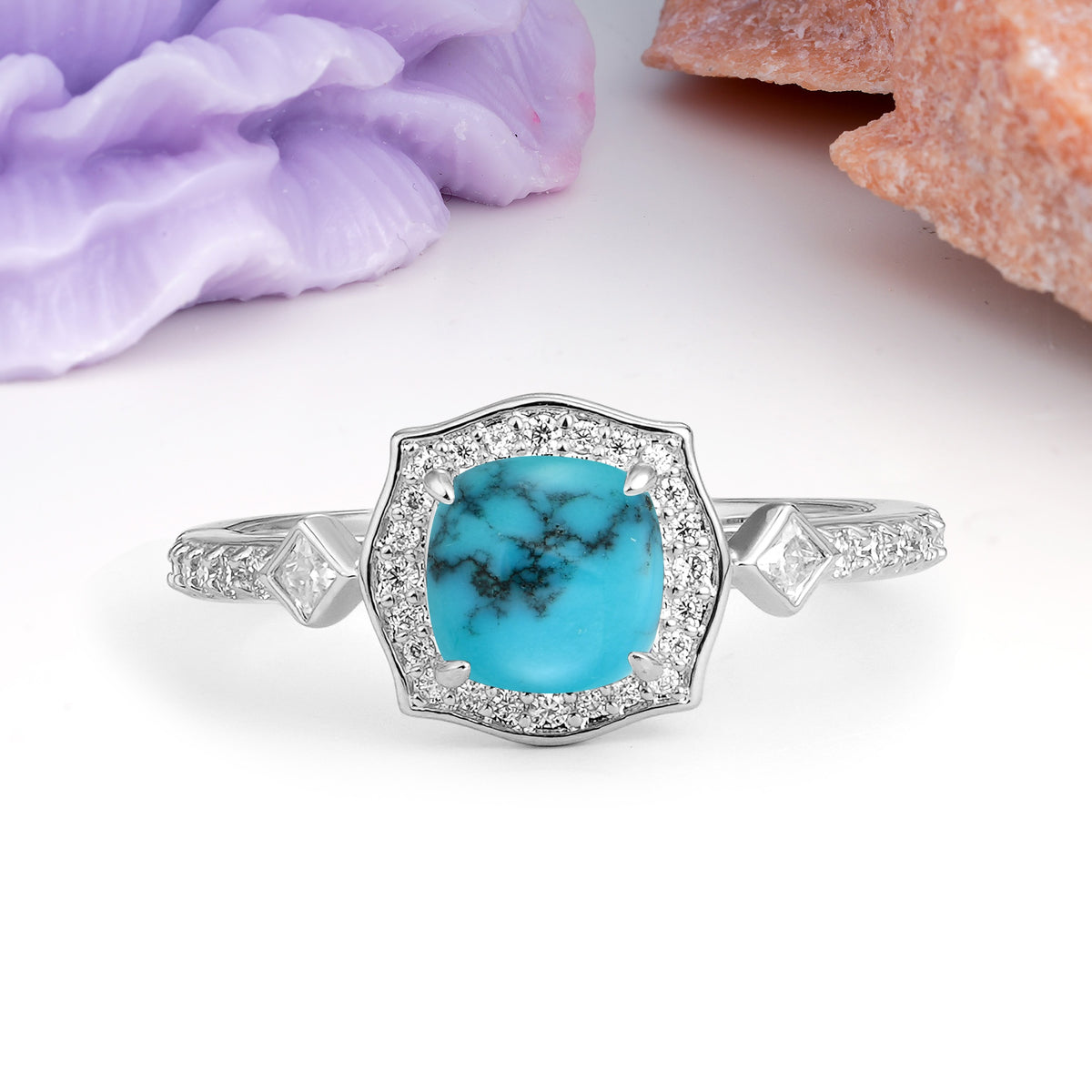 Vintage-Style, Multi-Row Diamond, Luxurious 4-Prong Princess Cut Turquoise Engagement Ring - Additional view