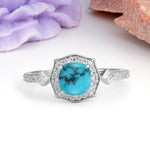 Vintage-Style, Multi-Row Diamond, Luxurious 4-Prong Princess Cut Turquoise Engagement Ring - Additional view