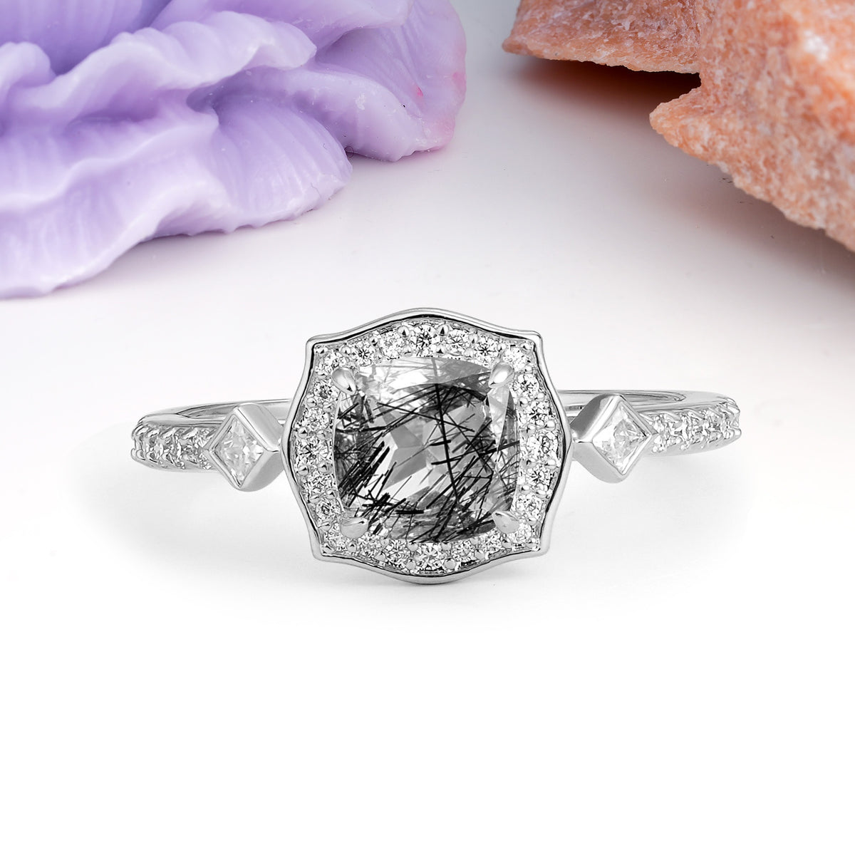 Vintage-Style, Multi-Row Diamond, Luxurious 4-Prong Princess Cut Black Rutilated Quartz Engagement Ring - Additional view