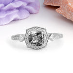 Vintage-Style, Multi-Row Diamond, Luxurious 4-Prong Princess Cut Black Rutilated Quartz Engagement Ring - Additional view