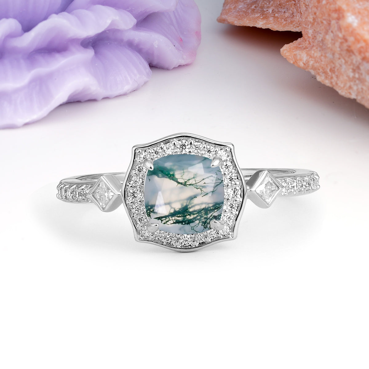 Vintage-Style, Multi-Row Diamond, Luxurious 4-Prong Princess Cut Moss Agate Engagement Ring - Additional view