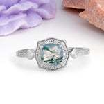 Vintage-Style, Multi-Row Diamond, Luxurious 4-Prong Princess Cut Moss Agate Engagement Ring - Additional view