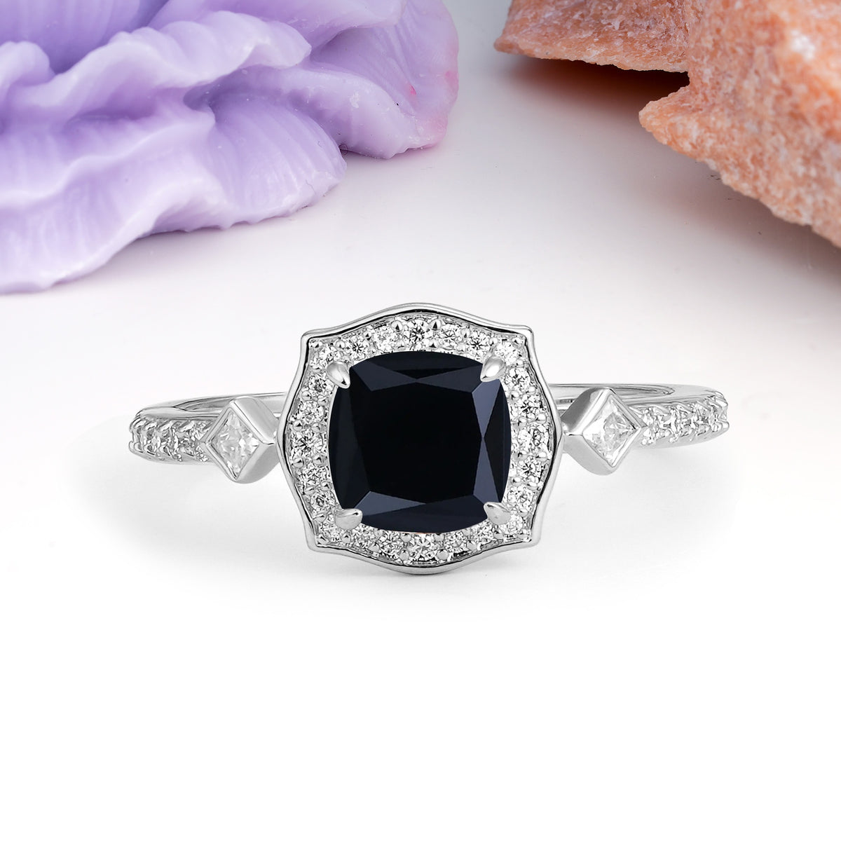 Vintage-Style, Multi-Row Diamond, Luxurious 4-Prong Princess Cut Black Onyx Engagement Ring - Additional view