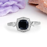 Vintage-Style, Multi-Row Diamond, Luxurious 4-Prong Princess Cut Black Onyx Engagement Ring - Additional view