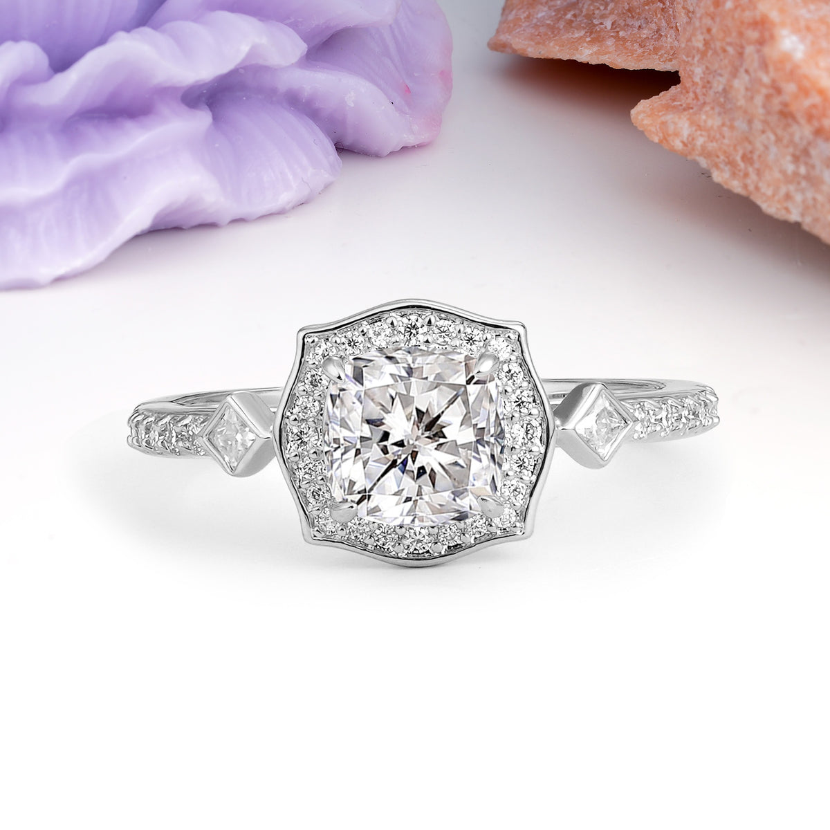 Vintage-Style, Multi-Row Diamond, Luxurious 4-Prong Princess Cut Lab Diamond Engagement Ring - Additional view