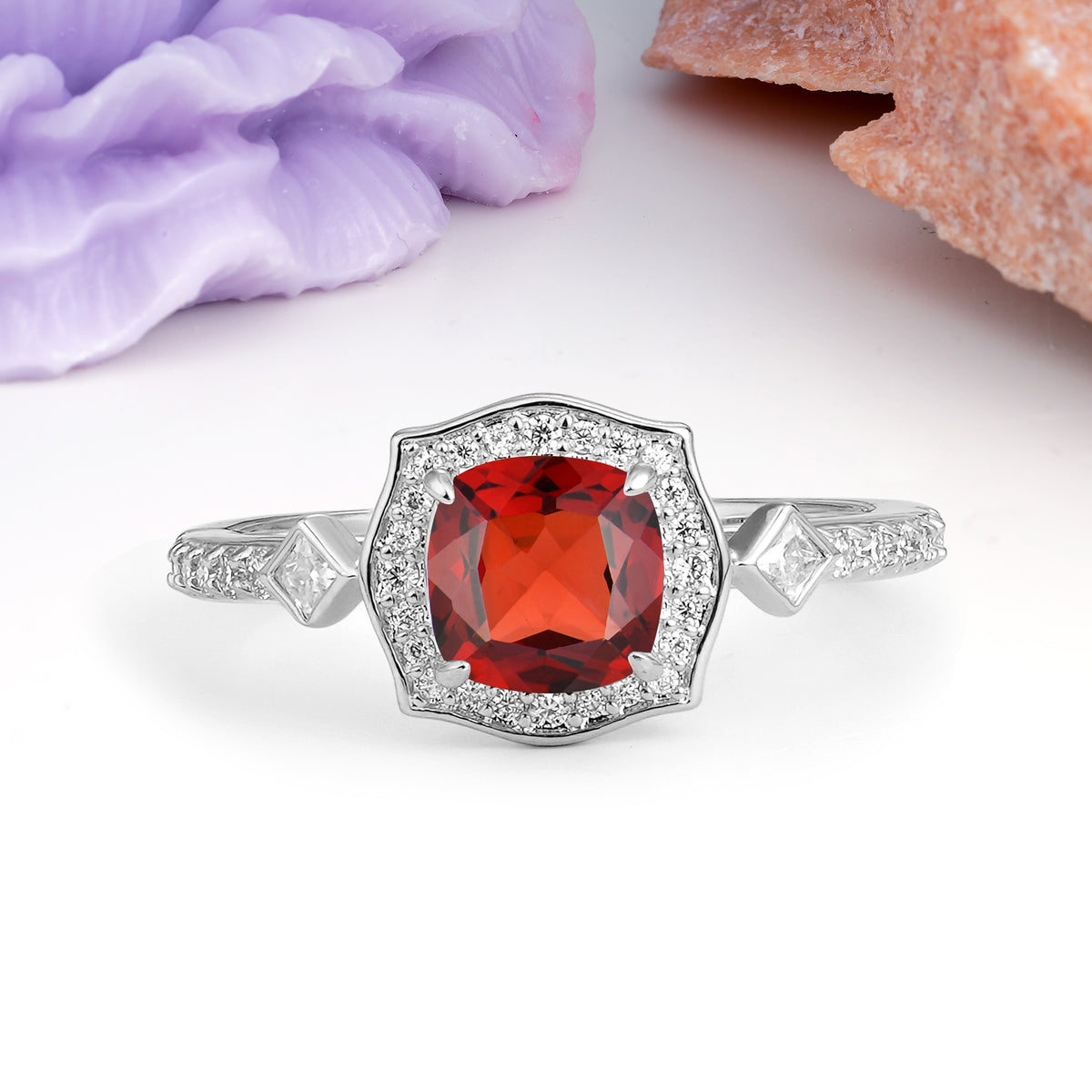 Vintage-Style, Multi-Row Diamond, Luxurious 4-Prong Princess Cut Garnet Engagement Ring - Additional view