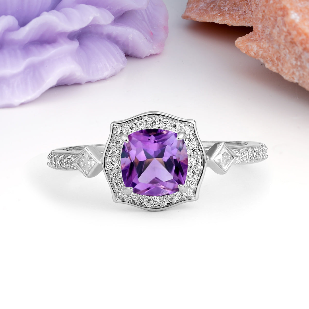 Vintage-Style, Multi-Row Diamond, Luxurious 4-Prong Princess Cut Amethyst Engagement Ring - Additional view