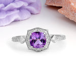 Vintage-Style, Multi-Row Diamond, Luxurious 4-Prong Princess Cut Amethyst Engagement Ring - Additional view