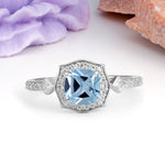 Vintage-Style, Multi-Row Diamond, Luxurious 4-Prong Princess Cut Aquamarine Engagement Ring - Additional view