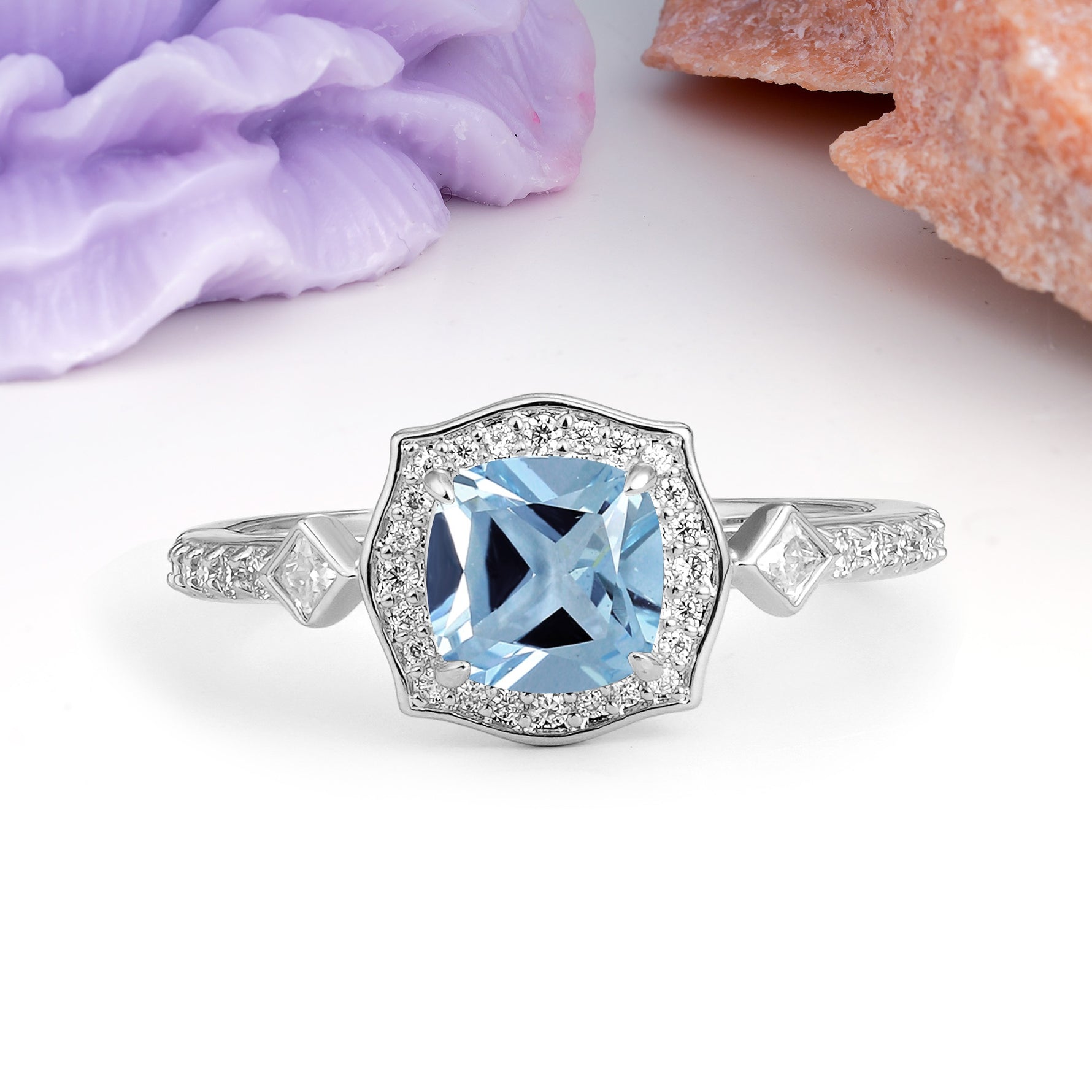 Vintage-Style, Multi-Row Diamond, Luxurious 4-Prong Princess Cut Aquamarine Engagement Ring - Additional view
