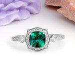 Vintage-Style, Multi-Row Diamond, Luxurious 4-Prong Princess Cut Emerald Engagement Ring - Additional view