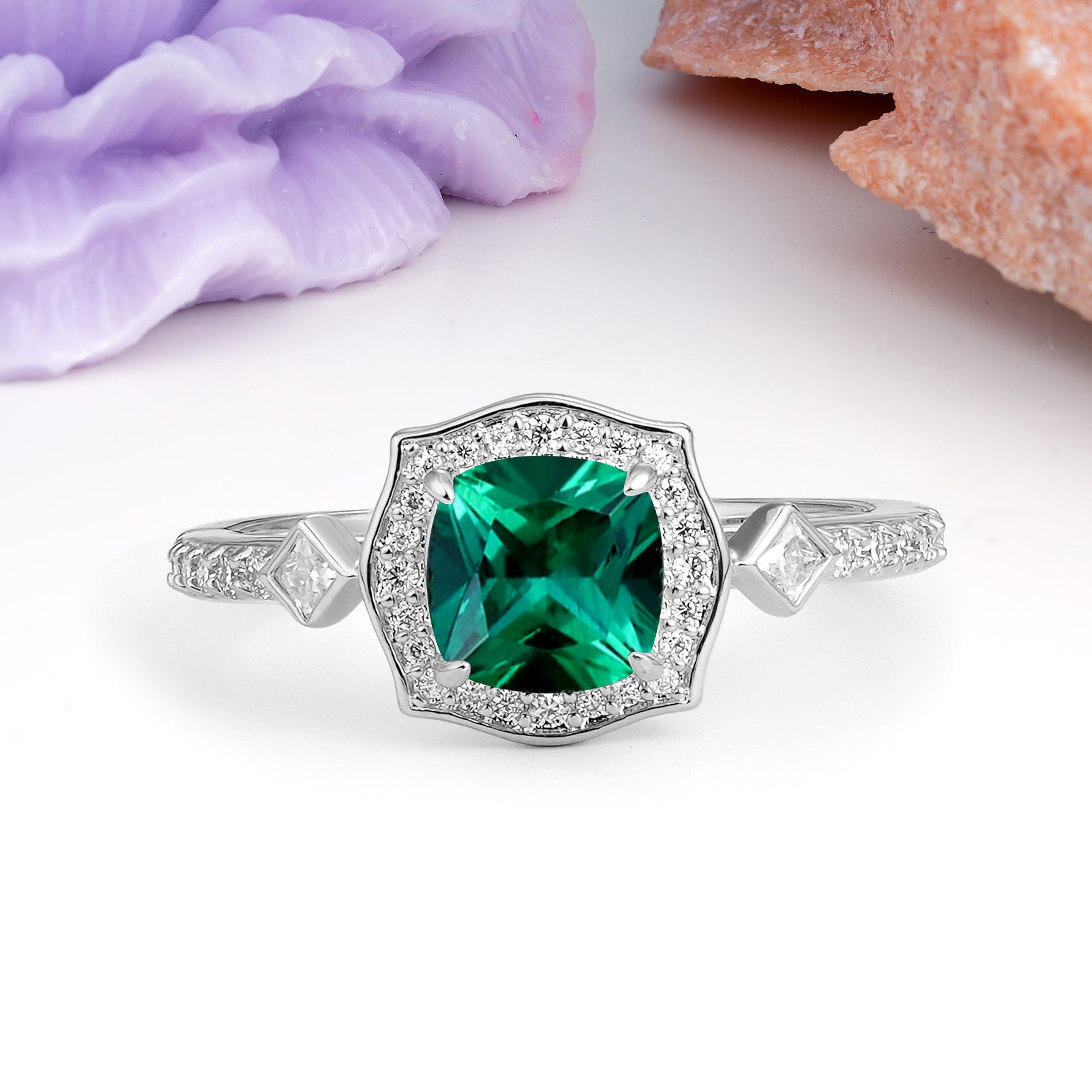 Vintage-Style, Multi-Row Diamond, Luxurious 4-Prong Princess Cut Emerald Engagement Ring - Additional view