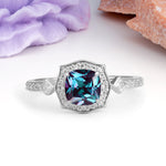 Vintage-Style, Multi-Row Diamond, Luxurious 4-Prong Princess Cut Alexandrite Engagement Ring - Additional view