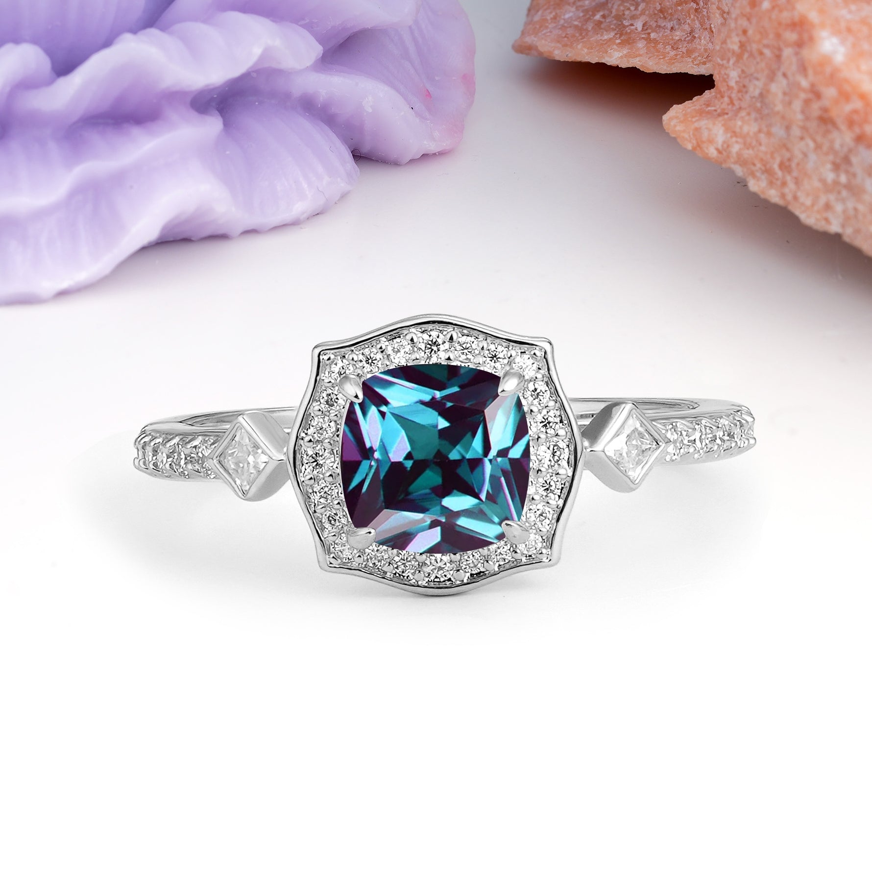 Vintage-Style, Multi-Row Diamond, Luxurious 4-Prong Princess Cut Alexandrite Engagement Ring - Additional view