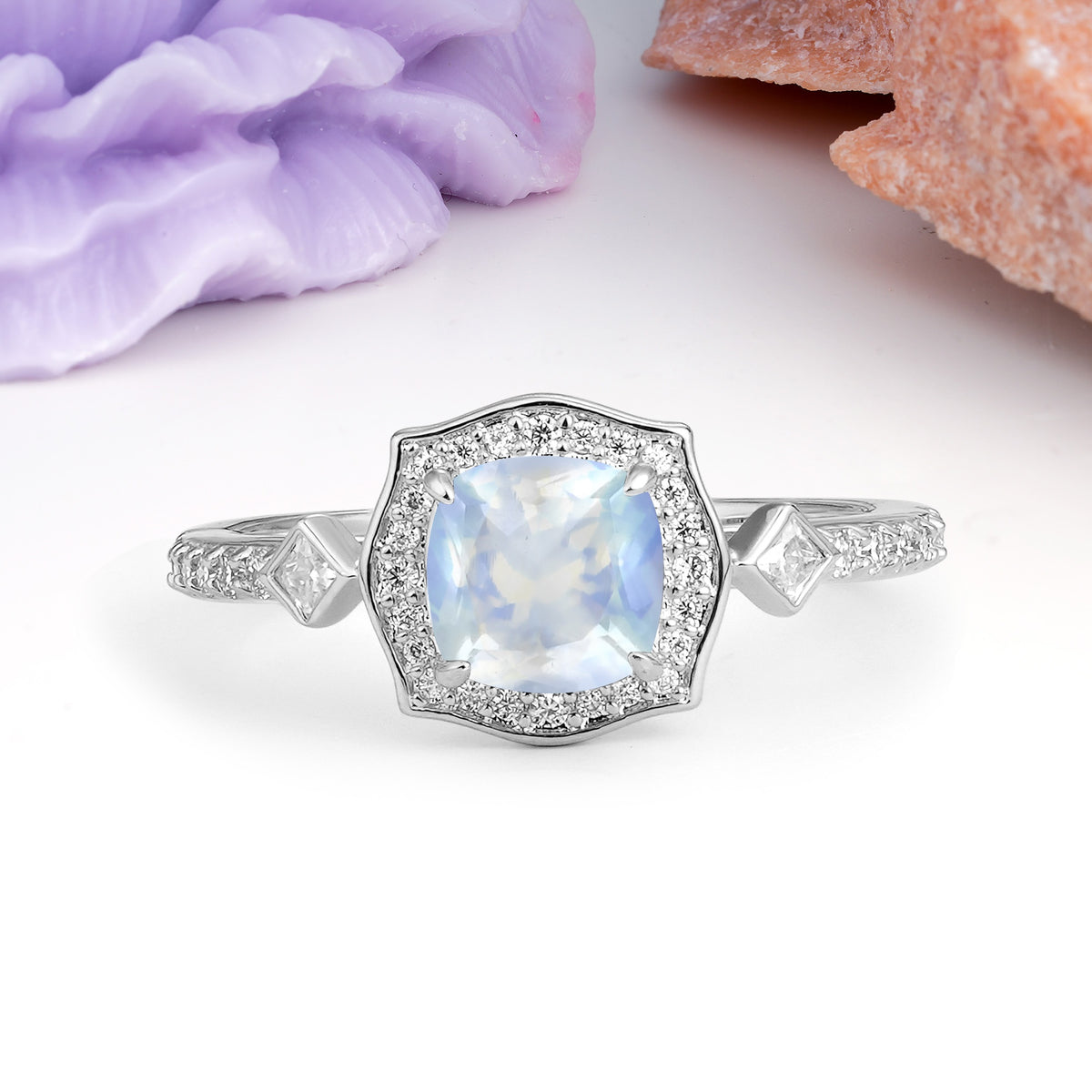 Vintage-Style, Multi-Row Diamond, Luxurious 4-Prong Princess Cut Moonstone Engagement Ring - Additional view