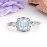 Vintage-Style, Multi-Row Diamond, Luxurious 4-Prong Princess Cut Moonstone Engagement Ring - Additional view