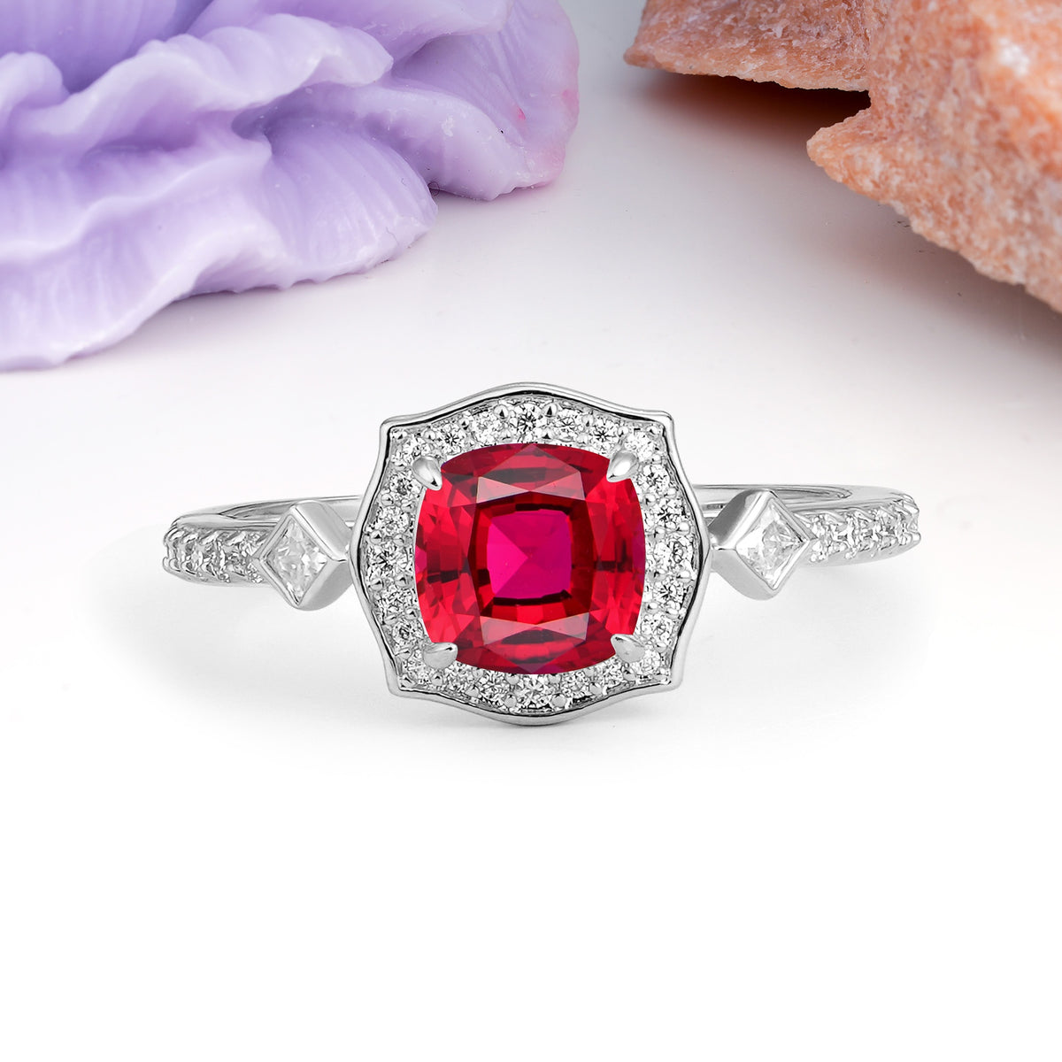 Vintage-Style, Multi-Row Diamond, Luxurious 4-Prong Princess Cut Ruby Engagement Ring - Additional view