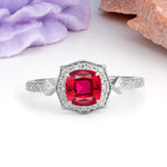 Vintage-Style, Multi-Row Diamond, Luxurious 4-Prong Princess Cut Ruby Engagement Ring - Additional view