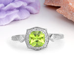 Vintage-Style, Multi-Row Diamond, Luxurious 4-Prong Princess Cut Peridot Engagement Ring - Additional view