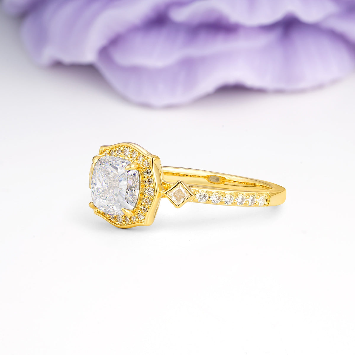 Vintage-Style, Multi-Row Diamond, Luxurious 4-Prong Princess Cut Moissanite Engagement Ring - Additional view