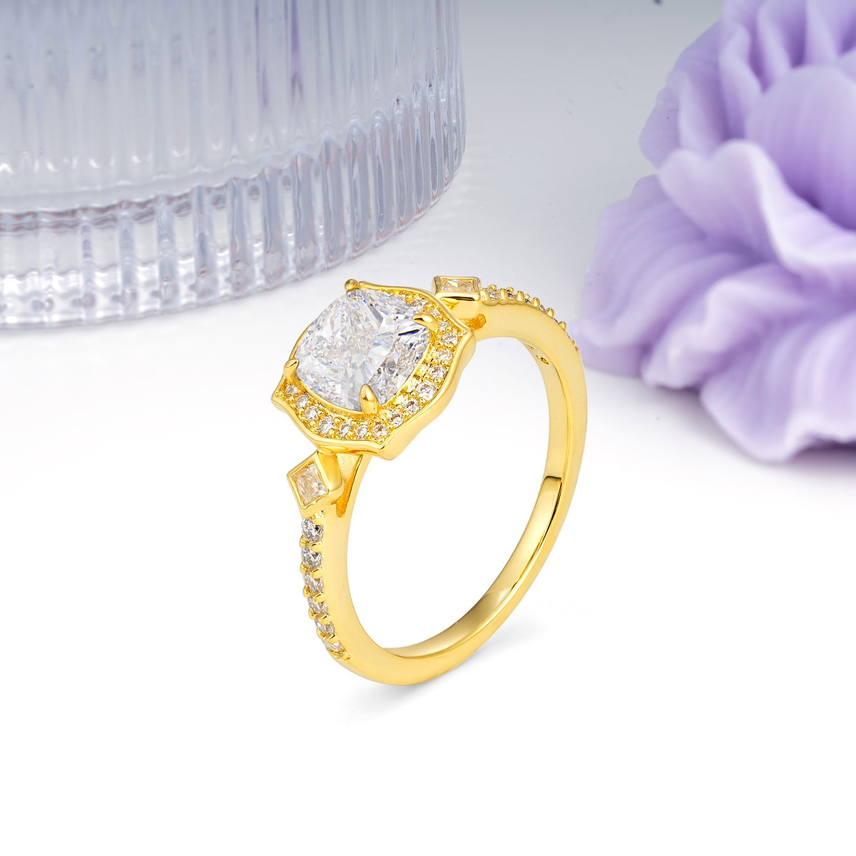 Vintage-Style, Multi-Row Diamond, Luxurious 4-Prong Princess Cut Moissanite Engagement Ring - Additional view