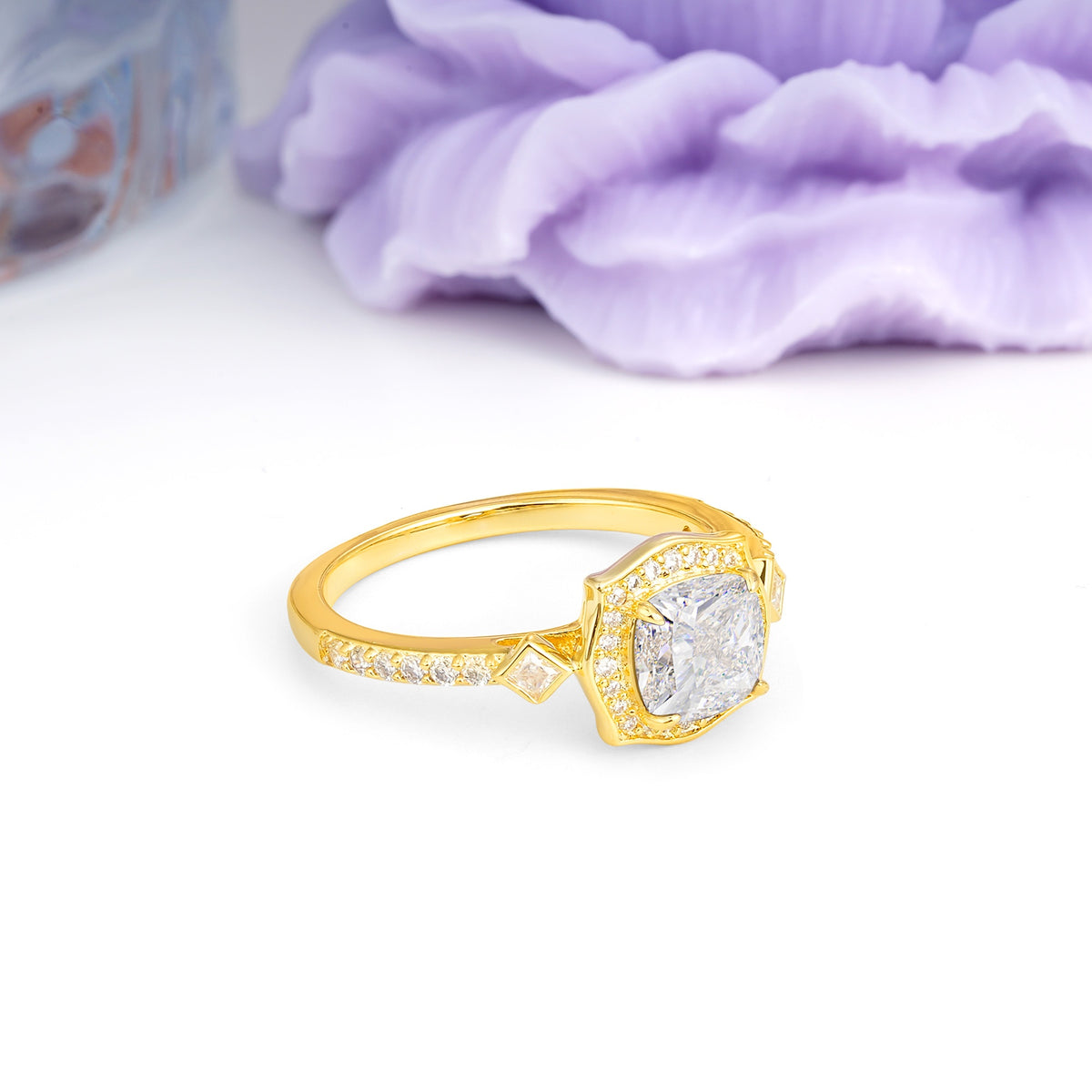 Vintage-Style, Multi-Row Diamond, Luxurious 4-Prong Princess Cut Moissanite Engagement Ring - Additional view