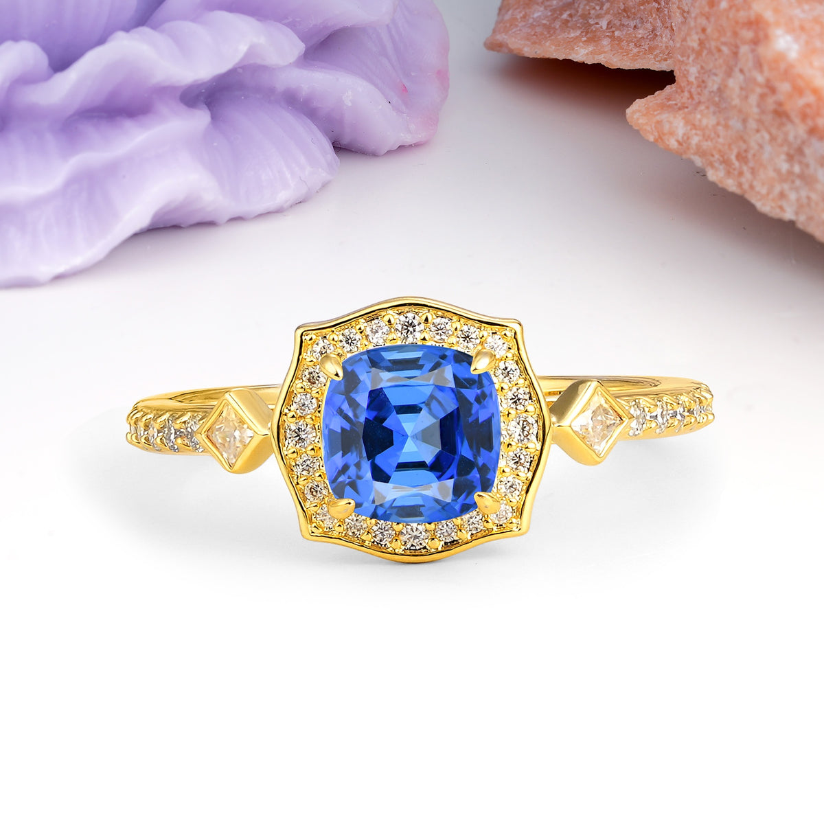 Vintage-Style, Multi-Row Diamond, Luxurious 4-Prong Princess Cut Sapphire Engagement Ring - Additional view