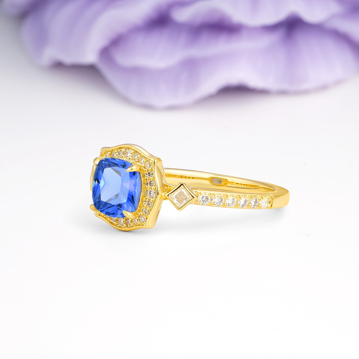 Vintage-Style, Multi-Row Diamond, Luxurious 4-Prong Princess Cut Sapphire Engagement Ring - Additional view