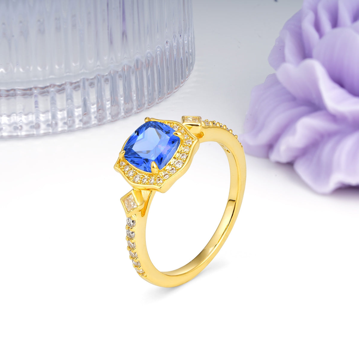 Vintage-Style, Multi-Row Diamond, Luxurious 4-Prong Princess Cut Sapphire Engagement Ring - Additional view
