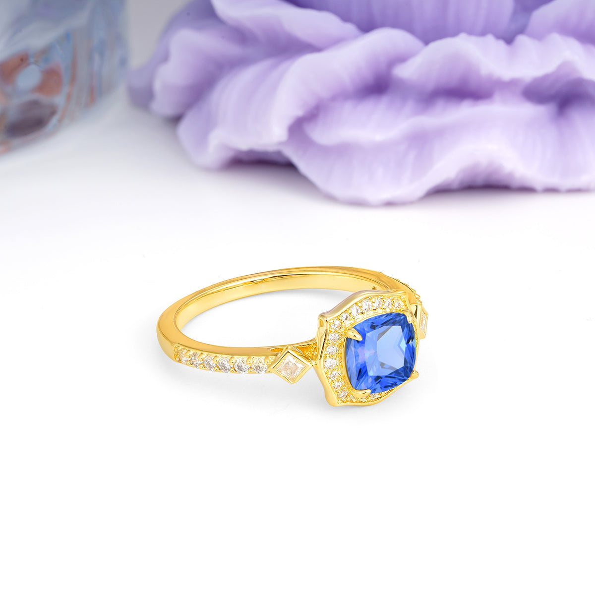 Vintage-Style, Multi-Row Diamond, Luxurious 4-Prong Princess Cut Sapphire Engagement Ring - Additional view