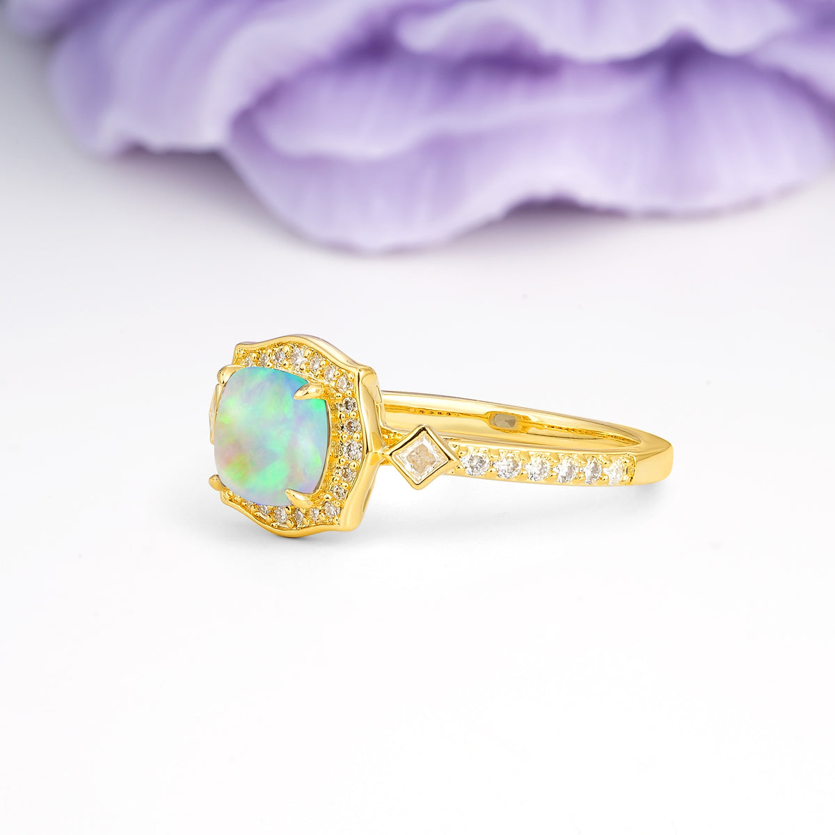 Vintage-Style, Multi-Row Diamond, Luxurious 4-Prong Princess Cut Fire Opal Engagement Ring - Additional view