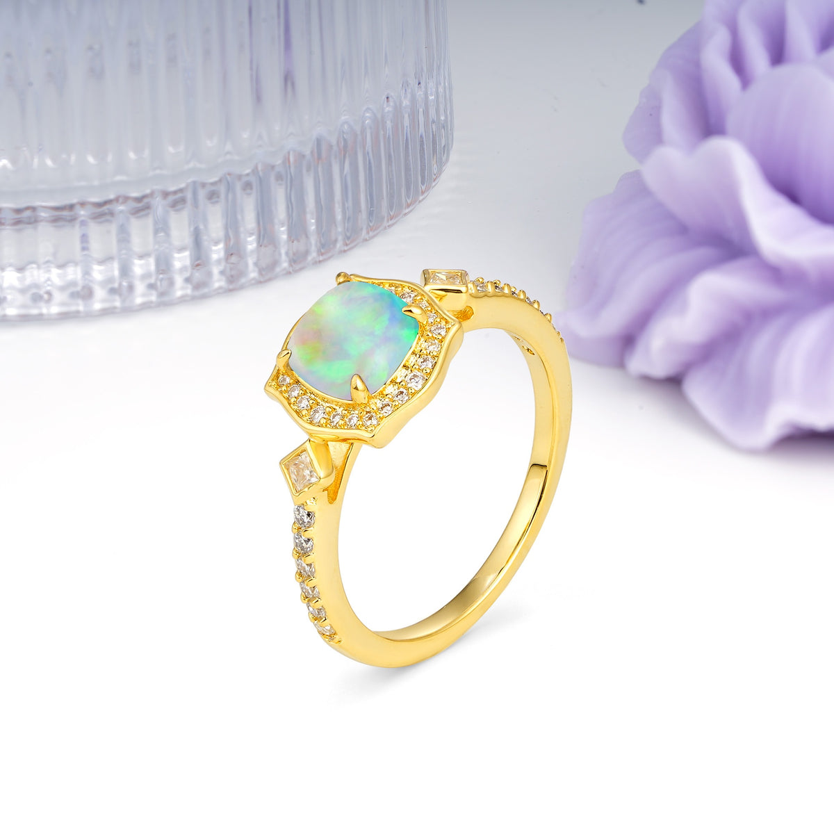 Vintage-Style, Multi-Row Diamond, Luxurious 4-Prong Princess Cut Fire Opal Engagement Ring - Additional view