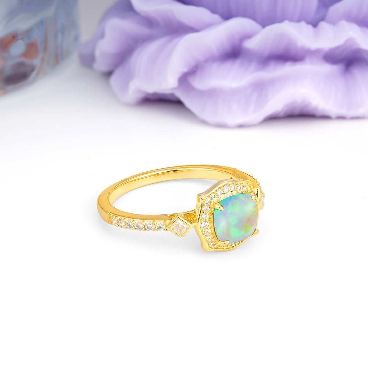 Vintage-Style, Multi-Row Diamond, Luxurious 4-Prong Princess Cut Fire Opal Engagement Ring - Additional view
