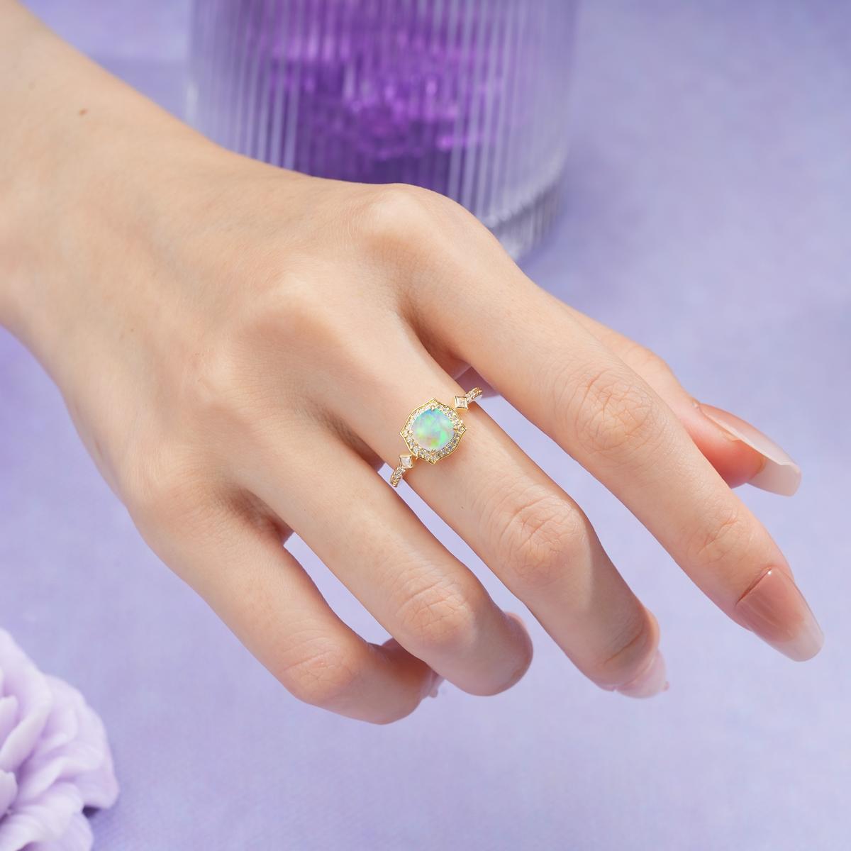 Vintage-Style, Multi-Row Diamond, Luxurious 4-Prong Princess Cut Fire Opal Engagement Ring