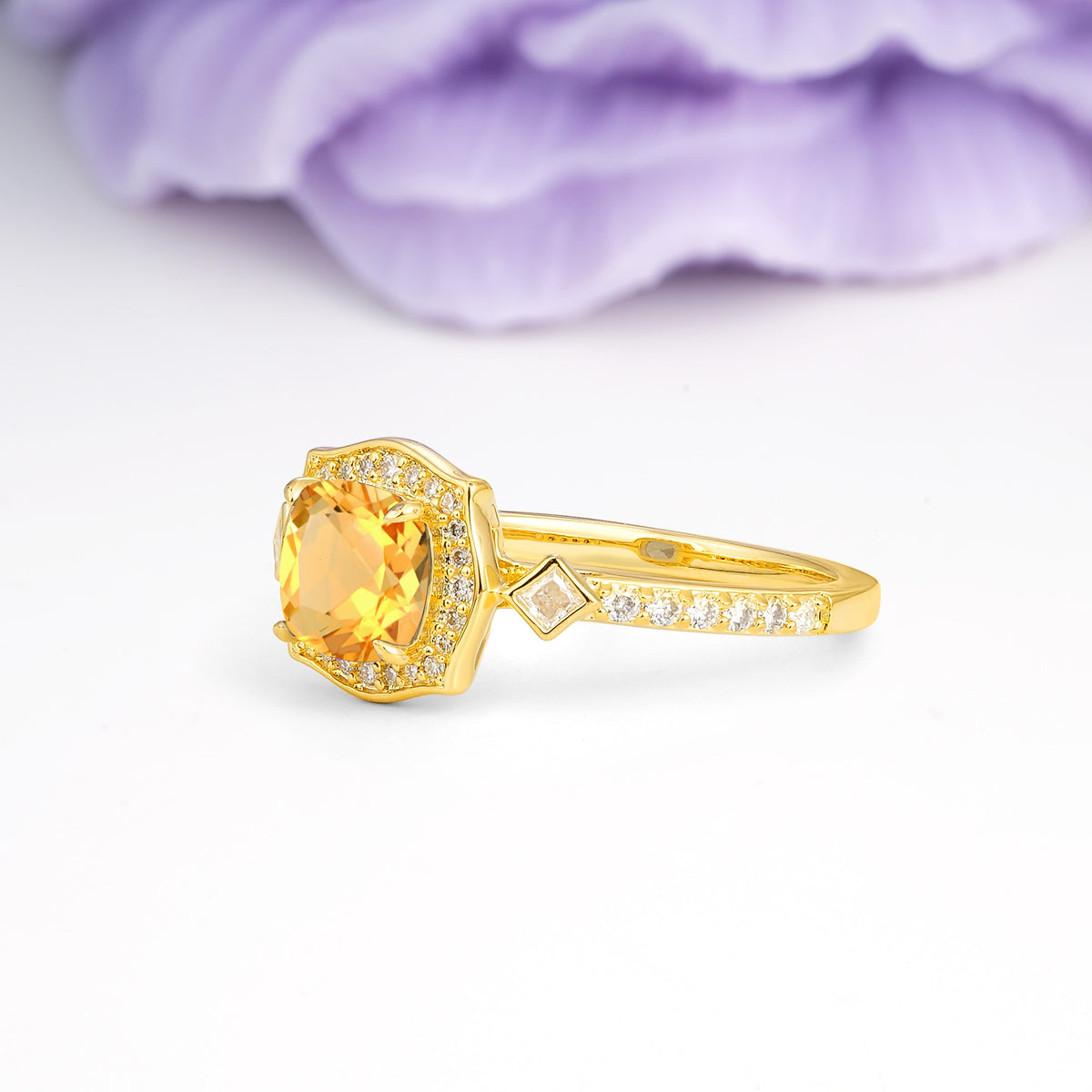 Vintage-Style, Multi-Row Diamond, Luxurious 4-Prong Princess Cut Citrine Engagement Ring - Additional view