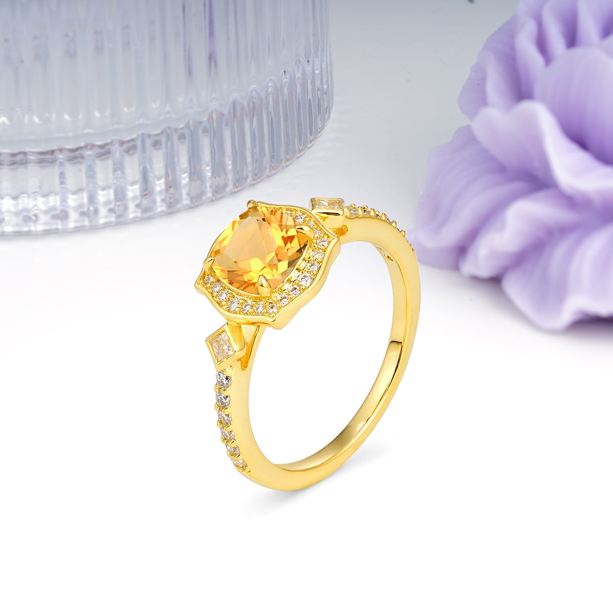 Vintage-Style, Multi-Row Diamond, Luxurious 4-Prong Princess Cut Citrine Engagement Ring - Additional view