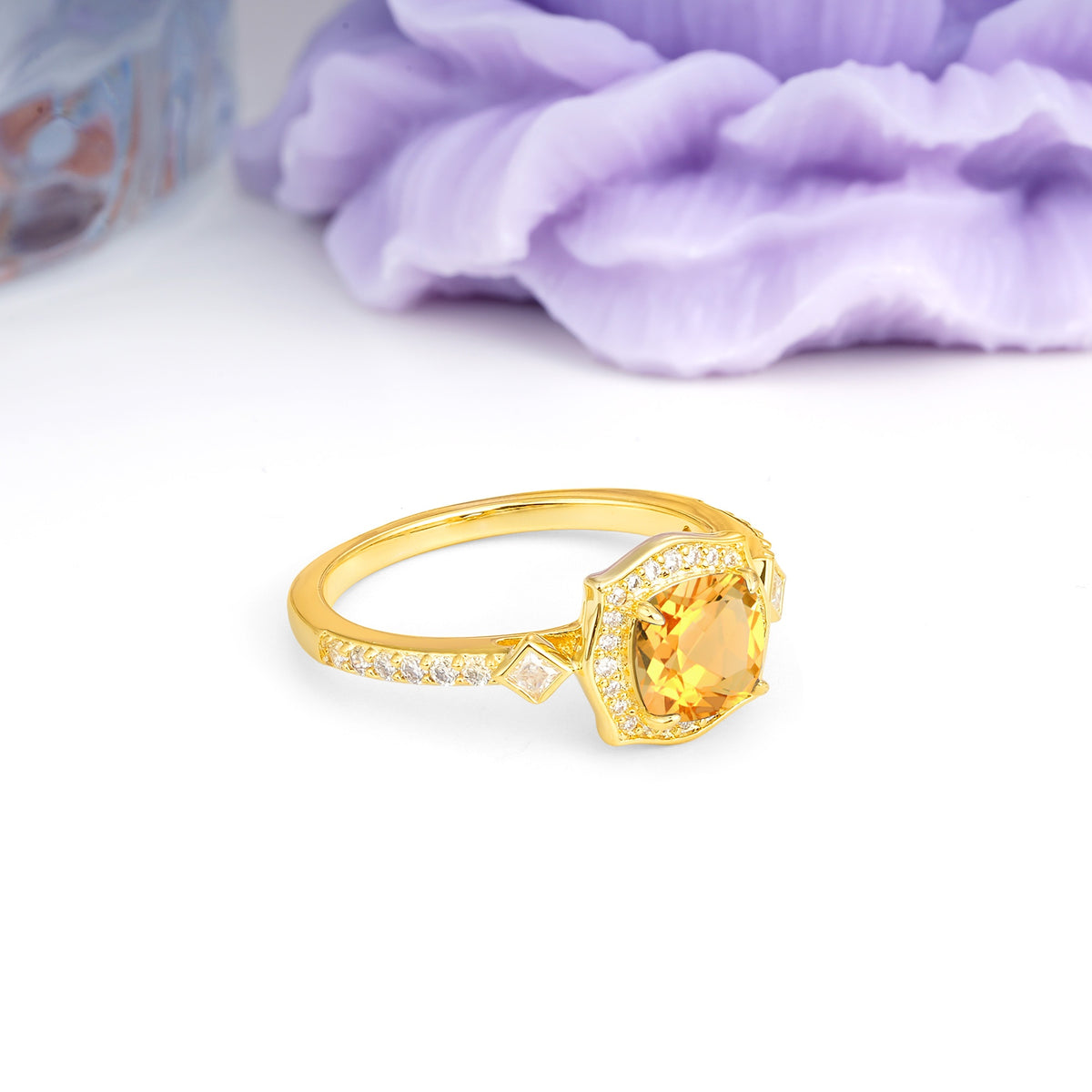 Vintage-Style, Multi-Row Diamond, Luxurious 4-Prong Princess Cut Citrine Engagement Ring - Additional view